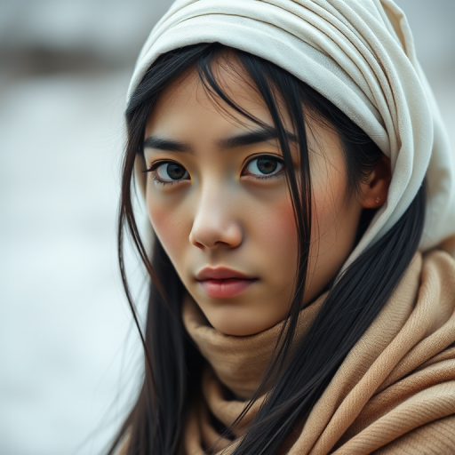 Create a portrait of a young Mongolian woman with long, dark hair and captivating hazel eyes. She is wearing a white headscarf and a matching scarf draped gracefully around her neck. The background is softly blurred, focusing attention on her serene and natural expression. The overall color palette is muted and warm, enhancing the intimate and authentic feel of the portrait.