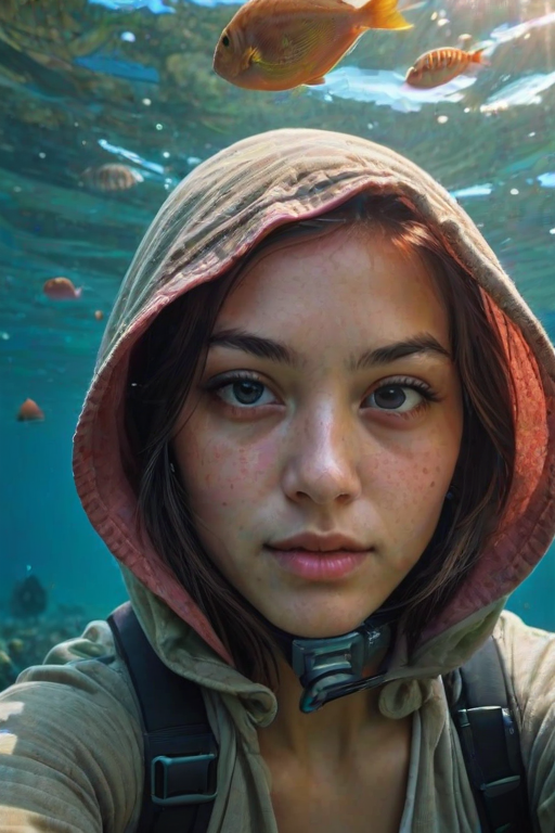 Realistic selfie image of a Kyrgyz, wearing a vintage outfit, detailed dreamy eyes, droopy hooded eyes, staring at the camera, taken underwater at coral reef with a sunbeam filtering through the water, vibrant, summer vacation, natural lighting, turtle and school of tropical fish with vibrant colors, rendered in the style of CryEngine, Pegi Nicol MacLeod, with realistic genre scenes, hauntingly beautiful narratives, ultra-realism, and Thomas Saliot's close-up technique, 8K resolution, crystal clear and sparkling water.