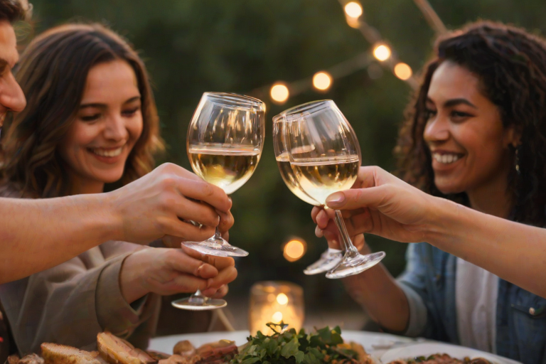 Warmly lit, close-up photo of a group of friends toasting glasses of wine at an outdoor dinner party, soft golden light illuminating their smiles, with fairy lights twinkling in the background.