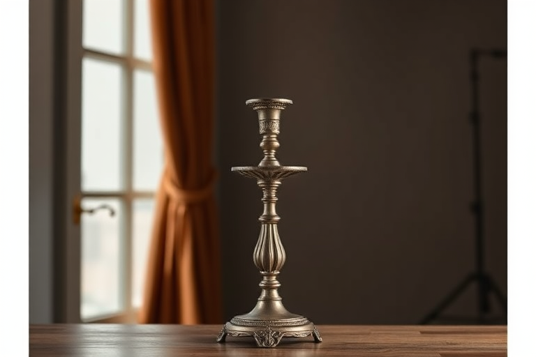 Create a high-resolution image of an ornate candlestick holder standing upright, captured with a 50mm lens at f/2.8, ISO 100, in a well-lit studio setting with softbox lighting, using a DSLR camera.
