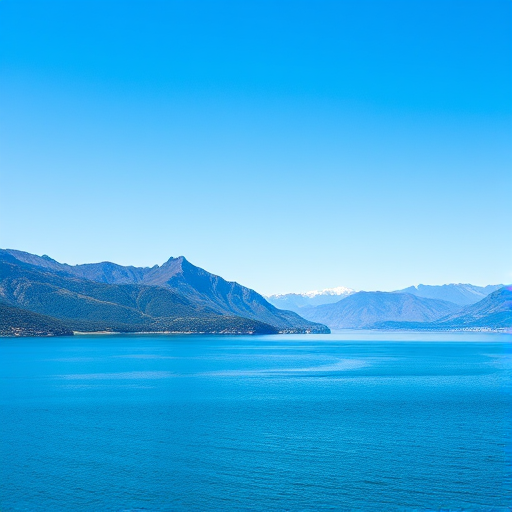 capture a scenic view of a tranquil lake with mountains under a clear blue sky, use a wide-angle lens, set aperture to f/8, shutter speed at 1/200 sec, ISO 100, natural lighting, DSLR camera, high resolution