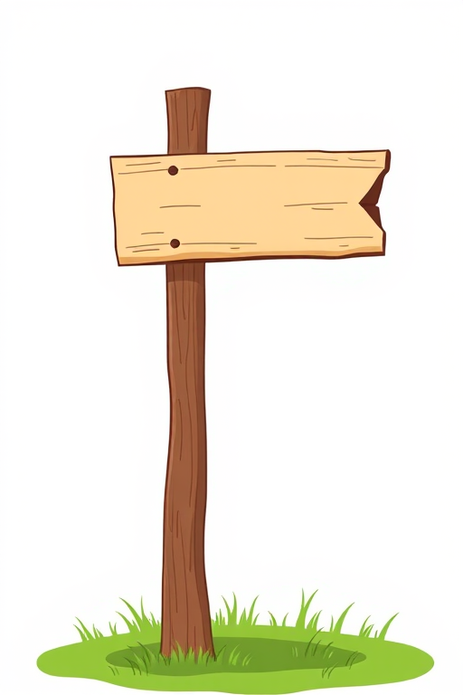 generate an illustration of a wooden signpost with a blank surface, attached to a brown wooden pole, set against a simple green grass background