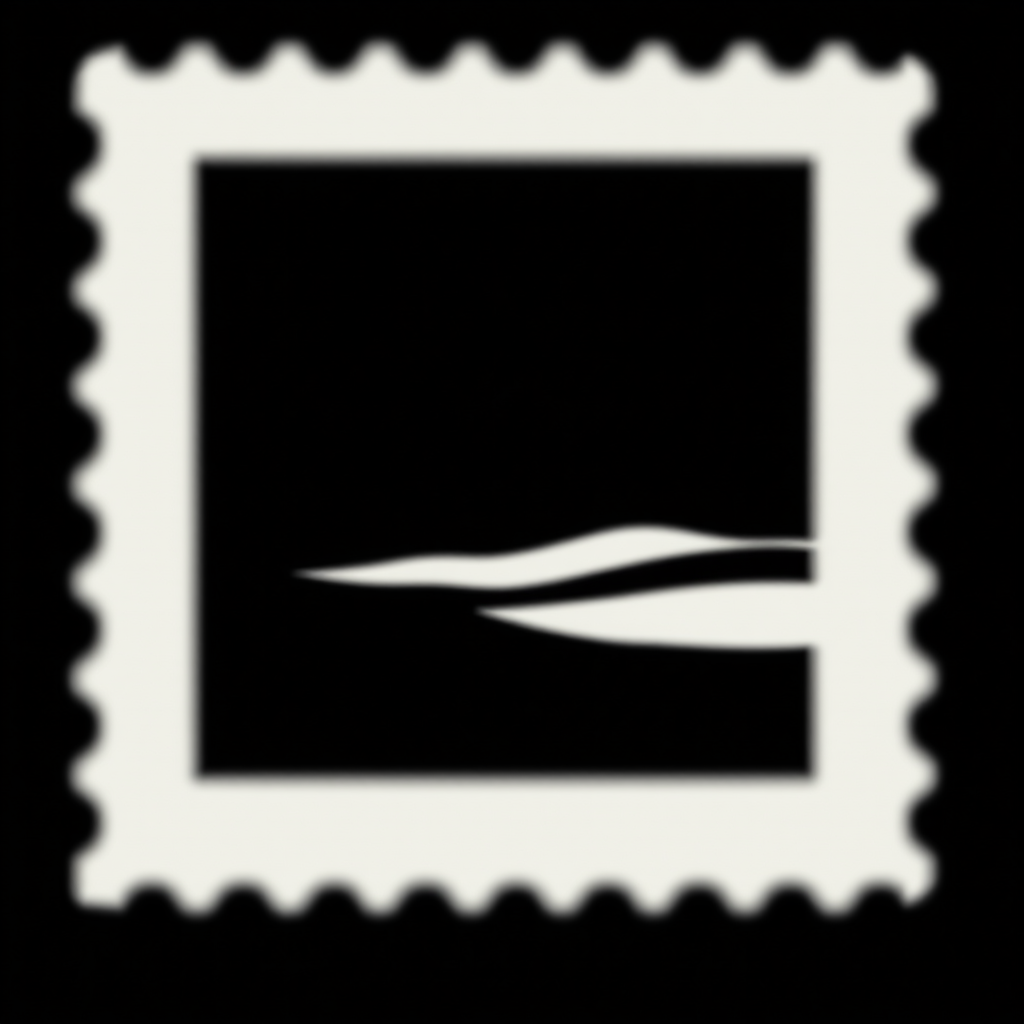 Create a high-resolution image of a minimalist black silhouette landscape within a stamp-shaped frame, using a DSLR camera with a 50mm lens, aperture f/1.8, ISO 100, and a shallow depth of field to enhance the contrast and clarity.