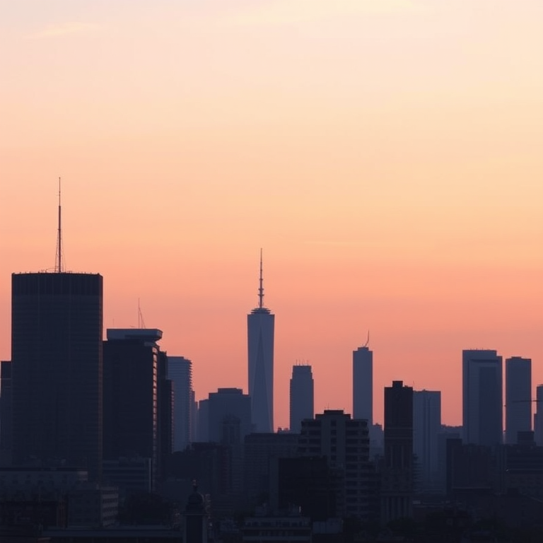 generate an image of a city skyline during sunset with a gradient sky transitioning from soft pink to light blue, include silhouetted buildings of various heights and shapes in shades of blue, set the camera type to DSLR, camera settings: f/8, ISO 200, shutter speed 1/125s, capture a panoramic view with a wide-angle lens to enhance image quality.