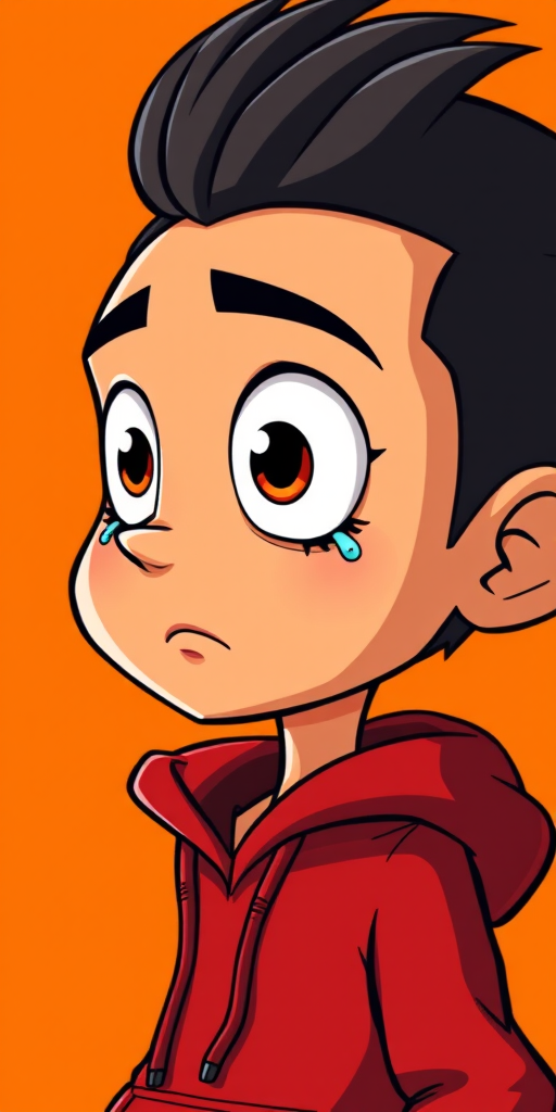 Create a high-resolution cartoon-style portrait of a cartoon character with exaggerated features, large eyes, and tears, wearing a red hoodie, facing slightly to the side against an orange background, using a DSLR camera set to f/4, ISO 100, and a 50mm lens for sharp details and vibrant colors.