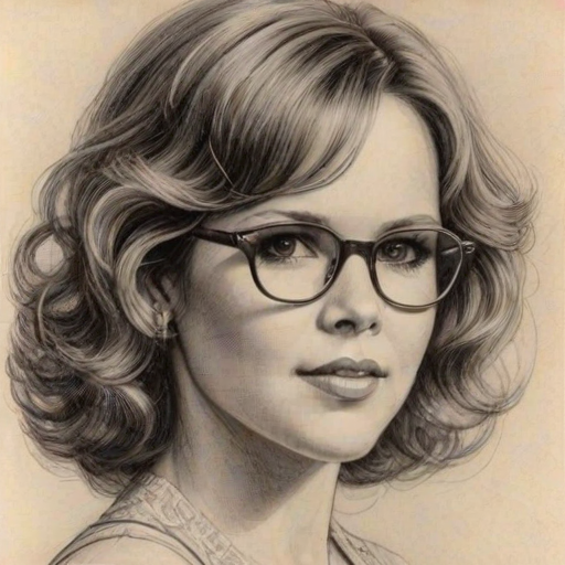 Ravishing Linda Blair, pencil sketch, portrait of Magnificent woman 1927s in glasses, hair style beatnik, outline, clear lines, fine lines, 8k