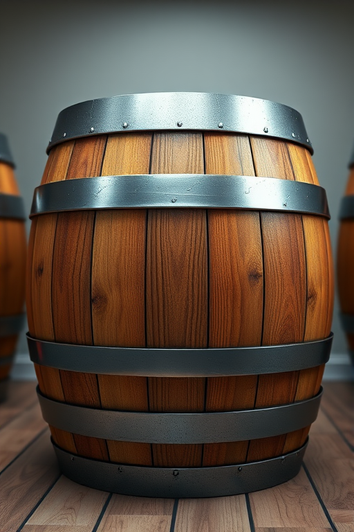 Create a detailed 3D rendering of a wooden barrel with realistic textures, in a well-lit environment, using a DSLR camera with a 50mm lens, aperture set to f/2.8, ISO 100, shot at eye level to highlight the wood grain and metallic bands.