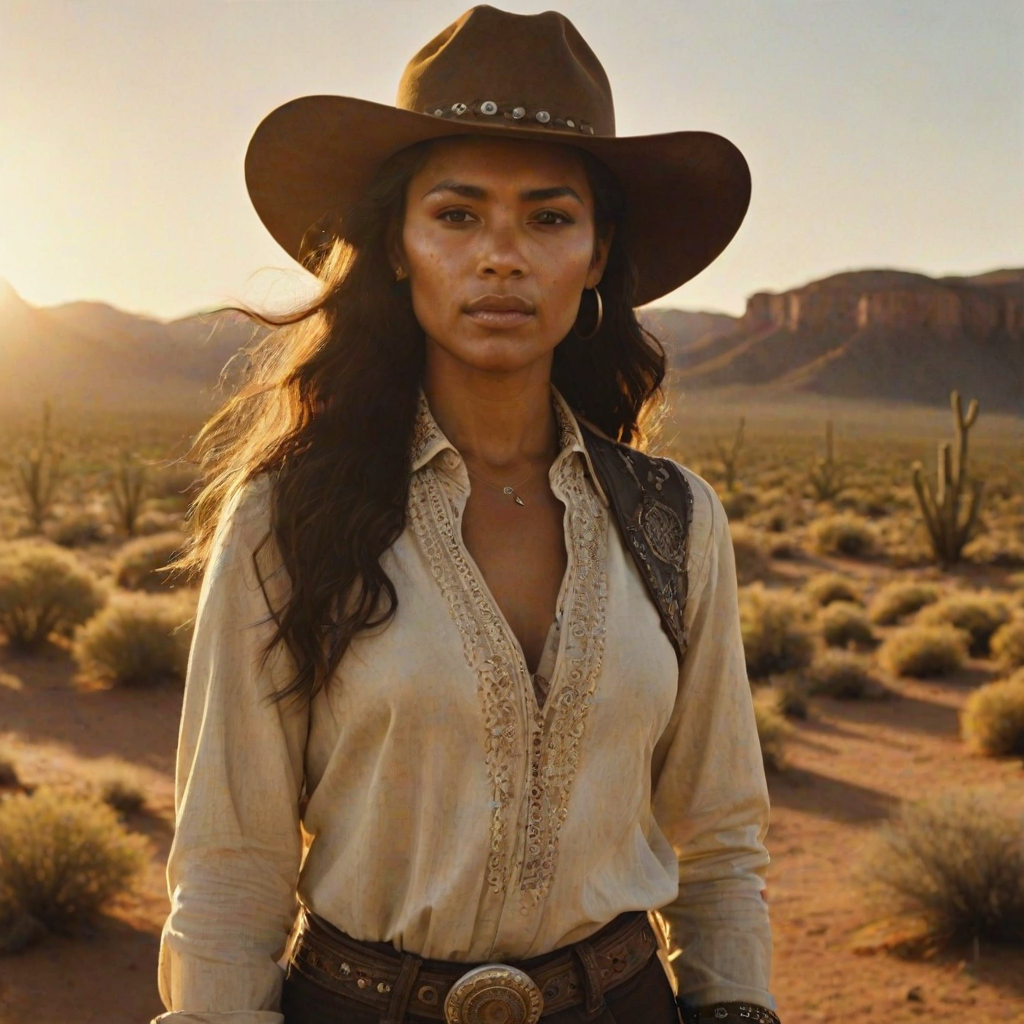 Dramatic photo of a beautiful Aboriginal Australian woman, classic cowboy attire, confident and free spirit expression, half-length portrait, centered, golden hour desert landscape, warm, diffused light, low angle, medium format film camera, in style of Annie Leibovitz.
