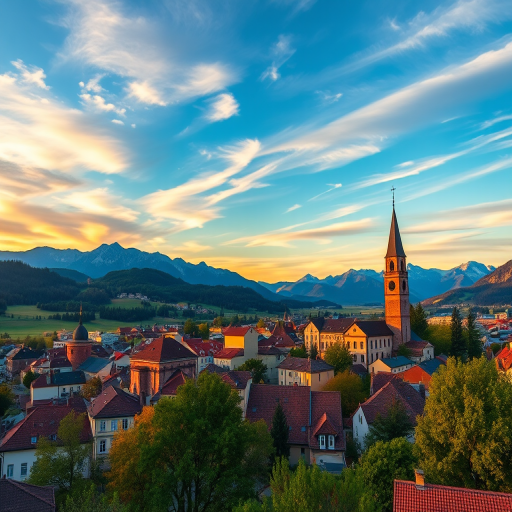 regenerate a landscape image of a small town with mountains in the background and a clock tower, using vibrant colors and an impressionistic style, with a Canon EOS 5D Mark IV camera, f/8 aperture, ISO 100, 24mm lens, capturing a wide-angle view during golden hour for enhanced lighting and detail