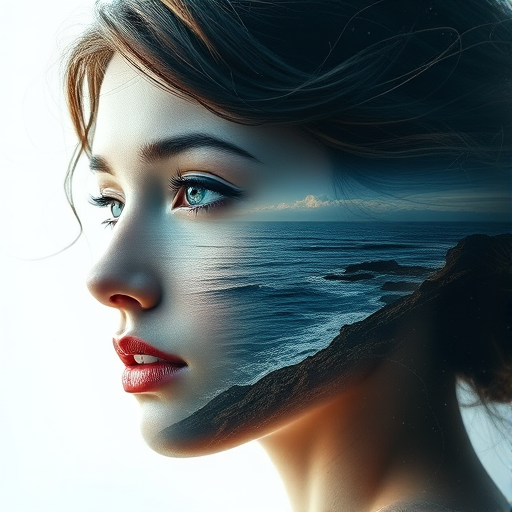 create Book cover, A surreal double exposure portrait that blends a woman's face with a beautiful seascape. The overall mood is dreamy and mystical, with rich colors and intricate details