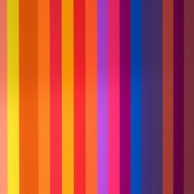 Create a vibrant image featuring vertical stripes of red, orange, yellow, green, blue, and purple with high saturation, using a Canon EOS R5, 50mm lens, f/8 aperture, ISO 100, and soft natural lighting for enhanced colors and clarity.