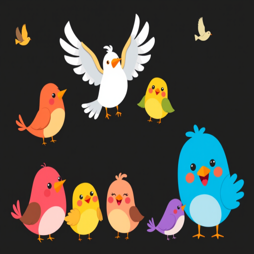 Create a vibrant illustration of whimsical cartoon birds in various colors and poses on a black background, using a DSLR camera with a 50mm lens, aperture set to f/2.8, ISO 200, and soft lighting to enhance colors and details in a bright, playful style.