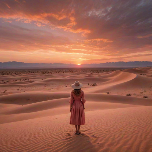 Sunset over a sprawling desert, the sky ablaze with orange and pink hues, a woman in a wide-brimmed hat stands on a sand dune, gazing out over the endless horizon.