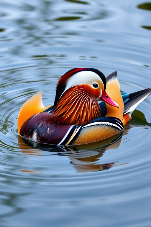 a vibrant mandarin duck swimming in a serene pond with rippling water reflections, shot with a Canon EOS R5, 85mm f/1.2 lens, ISO 100, aperture f/2.8, shutter speed 1/500 sec, natural lighting, shallow depth of field, capturing intricate feather details and vivid colors