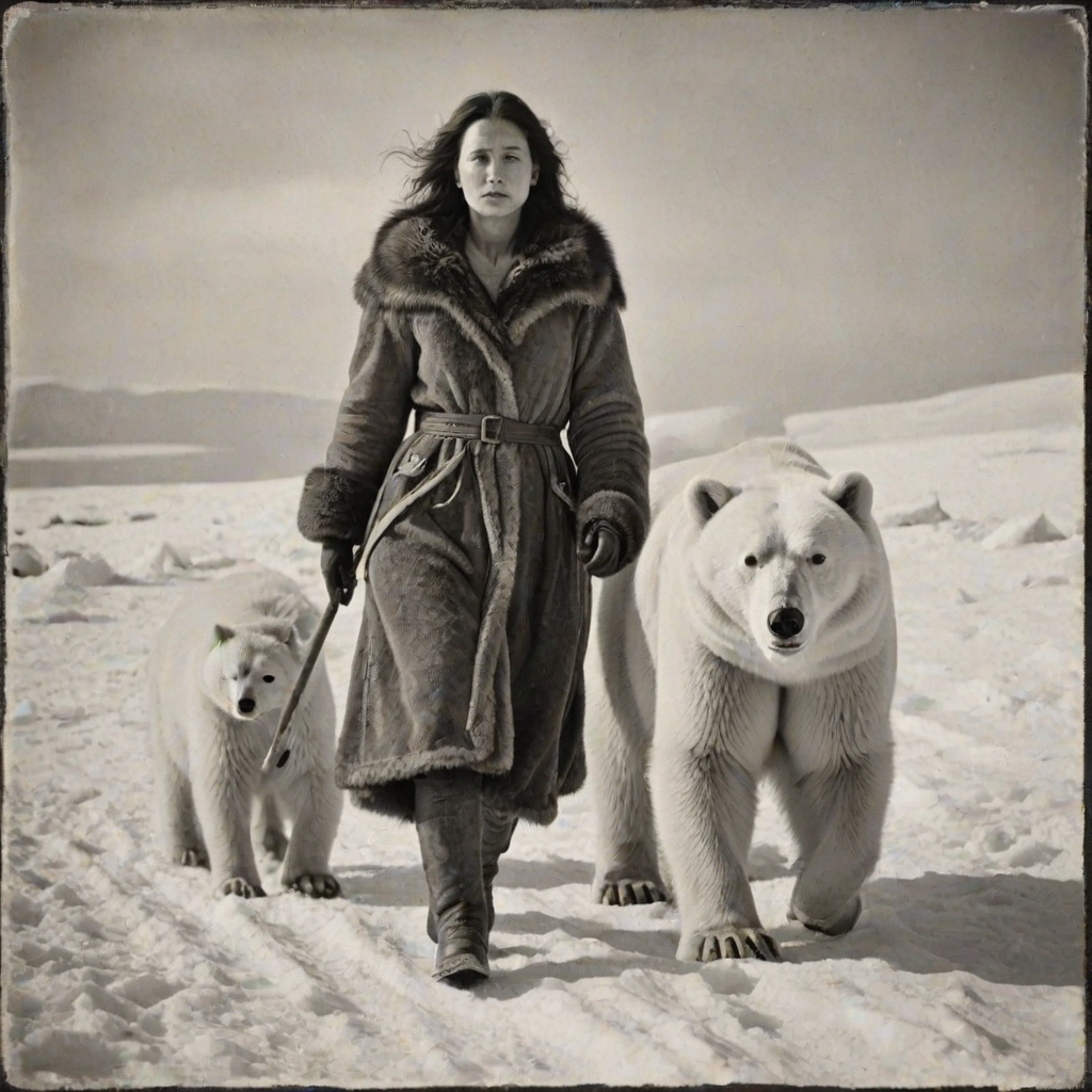 A very old photograph in black and white. The photo is badly damaged, faded, with scratches, tears, smudges and dirt. The photo is ultra-realistic and very detailed. It's a picture of an Arctic warrior. She is walking serenely towards the camera. At her side walks a majestic polar bear. Its fur shines in the sunlight. Snow, ice, sea. wind. snow in the air.
