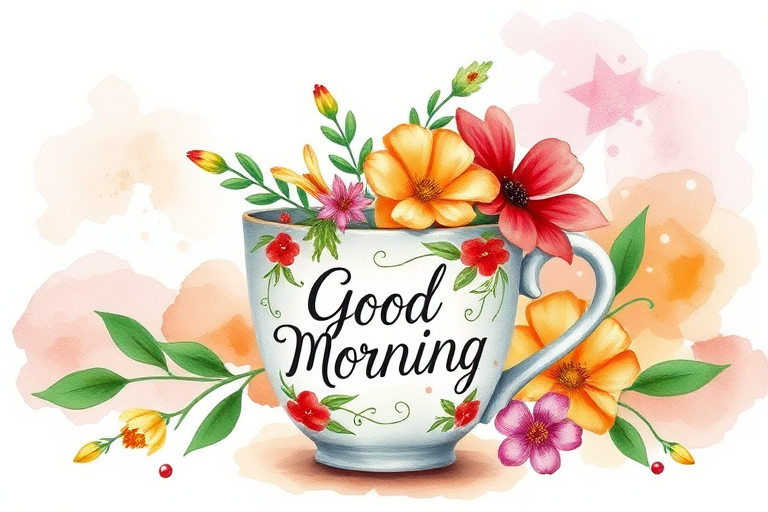 Create a watercolor illustration featuring a decorative coffee cup with a floral arrangement, vibrant colors in the background, text saying "Good Morning," using a Canon EOS R5 with a 50mm f/1.2 lens, shot at f/2.8 for soft depth of field, with vibrant color saturation and high dynamic range.