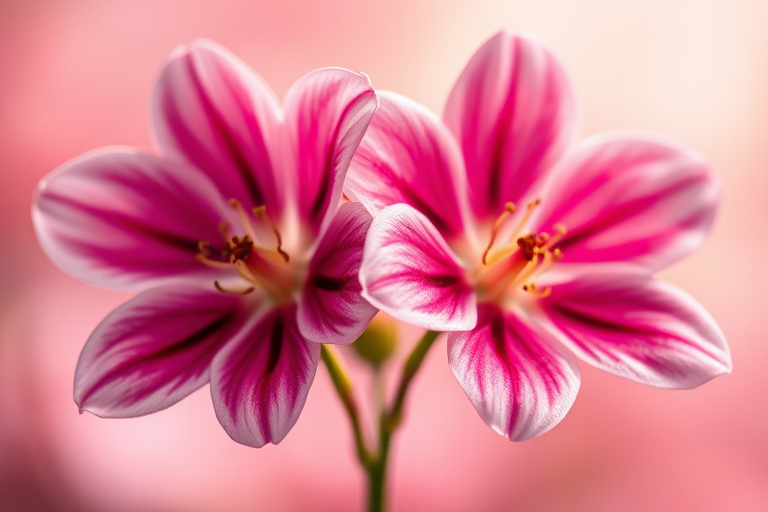 Capture a high-resolution image of two elegant flowers with a soft-focus background, aperture f/2.8, shutter speed 1/200s, ISO 100, macro lens, and vibrant color enhancement, highlighting delicate details and textures.