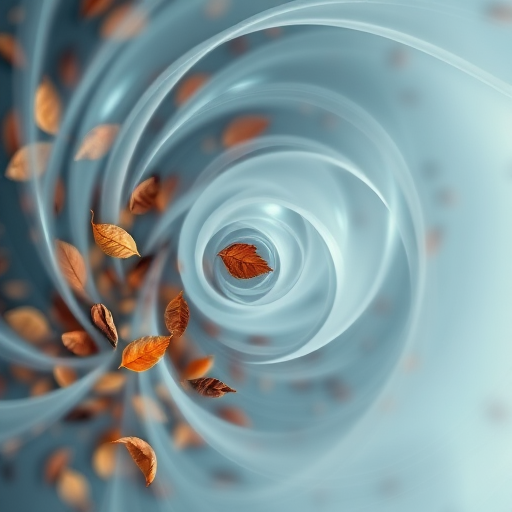 Create an abstract composition featuring swirling transparent shapes with scattered brown leaves, captured with a Canon EOS R5 at f/2.8, 1/125 sec, ISO 100, in a soft focus style, top-down view for enhanced depth and detail.