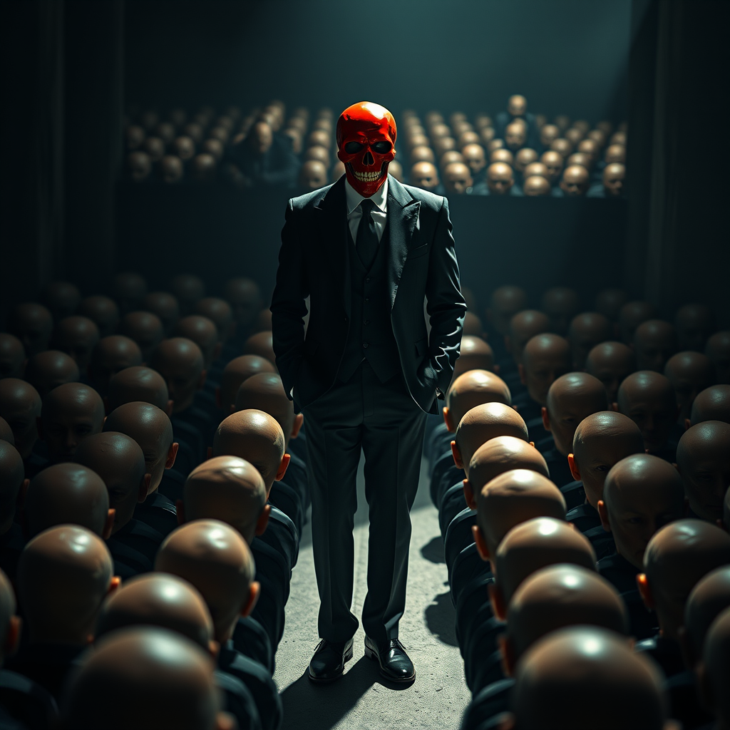 A menacing figure in a black suit with a red skull head stands confidently in a crowd of identical bald heads, all facing him, dramatic lighting highlighting the figure and casting eerie shadows, shot with a Canon EOS R5 at 50mm f/1.4, ISO 100, natural lighting, cinematic style, high contrast colors.