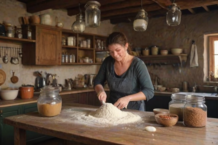 Woman in a rustic kitchen kneading dough, flour covering the wooden table, with jars of spices and herbs hanging from the ceiling.