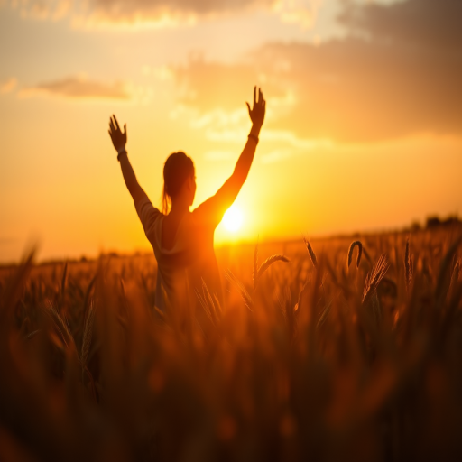 Generate a warm golden hour scene of a silhouette of a person with arms raised in a wheat field during sunset, 50mm lens, f/1.8 aperture, ISO 100, natural light, shot from a low angle to capture the expansive sky and wheat in the foreground.