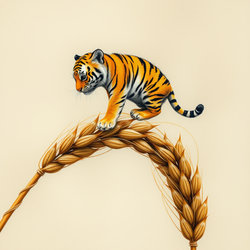 Soft, muted Alcohol Ink with ebru effect background image of tiny whimsical tiger, who climbed high on the top of a golden rye ear.