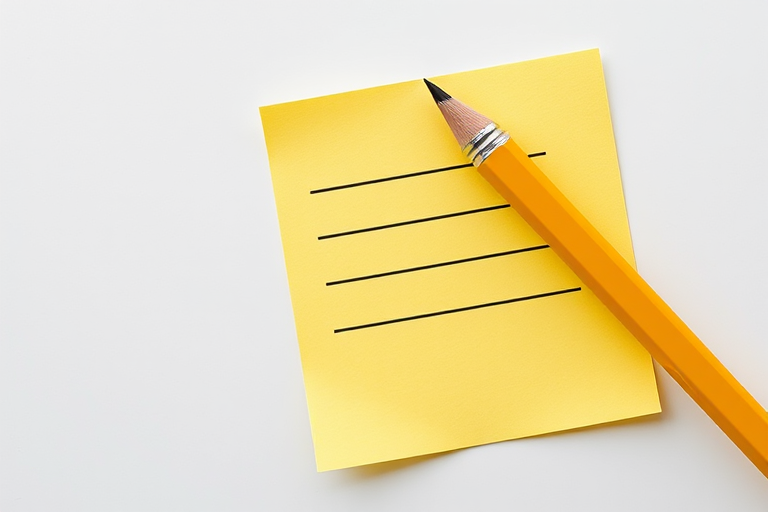 Create a realistic image of a yellow sticky note with black lines and a sharpened yellow pencil leaning against it, shot with a Canon EOS R, 50mm lens, f/2.8 aperture, ISO 100, top-down view, natural soft lighting for enhanced detail.