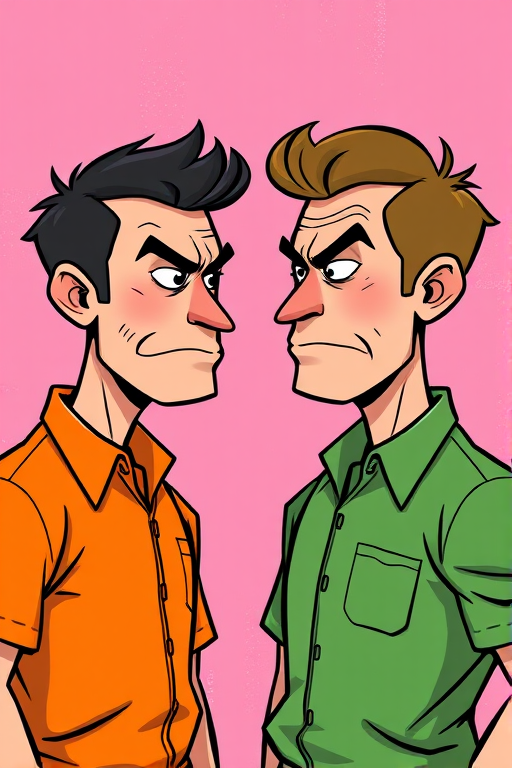 create a cartoon-style illustration of two men facing each other with exaggerated expressions of disapproval, one wearing an orange shirt and the other in a green shirt, set against a pink abstract background, use a digital art style, with high resolution settings at 300 DPI, take the shot in a close-up view, with vibrant colors and sharp lines, using a Wacom tablet for illustration