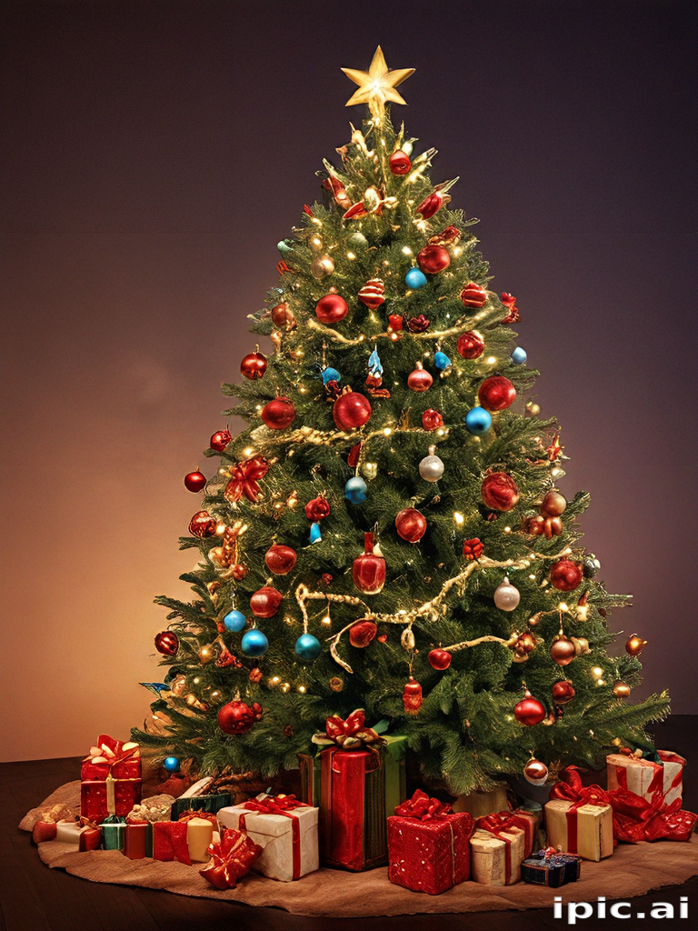 Festively Decorated Christmas Tree Surrounded by Colorful Wrapped Gifts ...