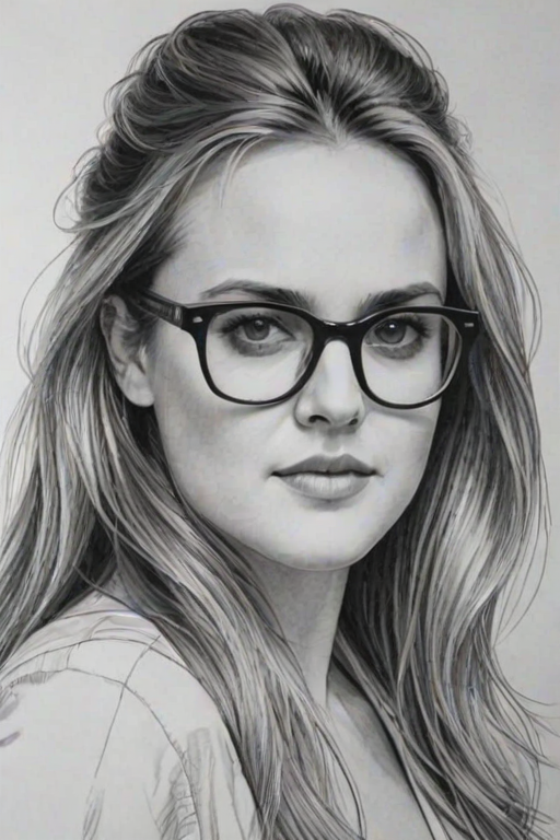 Elegant Alicia Silverstone, pencil sketch, portrait of Exquisite woman 1980s in glasses, hair style beatnik, outline, clear lines, fine lines, 8k