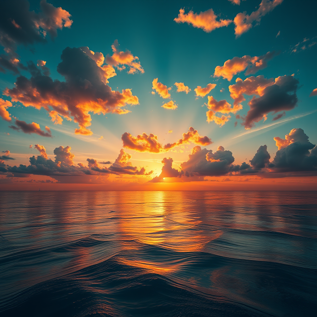 Generate a hyper-realistic image of a dramatic sunset over a futuristic ocean, with vibrant clouds illuminated by golden light, and abstract digital elements subtly integrated into the scene, using a Canon EOS R5, 24mm lens, f/11 aperture, ISO 100, and a panoramic view for enhanced depth and detail.
