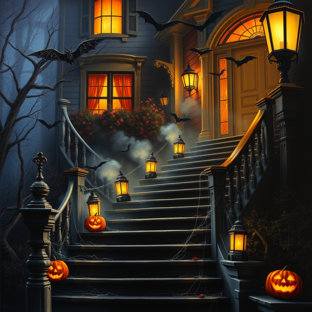 airbrushed oil painting, halloween theme, a haunted house, stairs, highly decorated, illuminated, lanterns, jack o'lantern, bats, webcobs