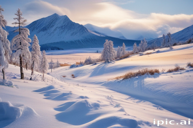 Serene Winter Landscape with Snow-Covered Mountains and Frosty Trees