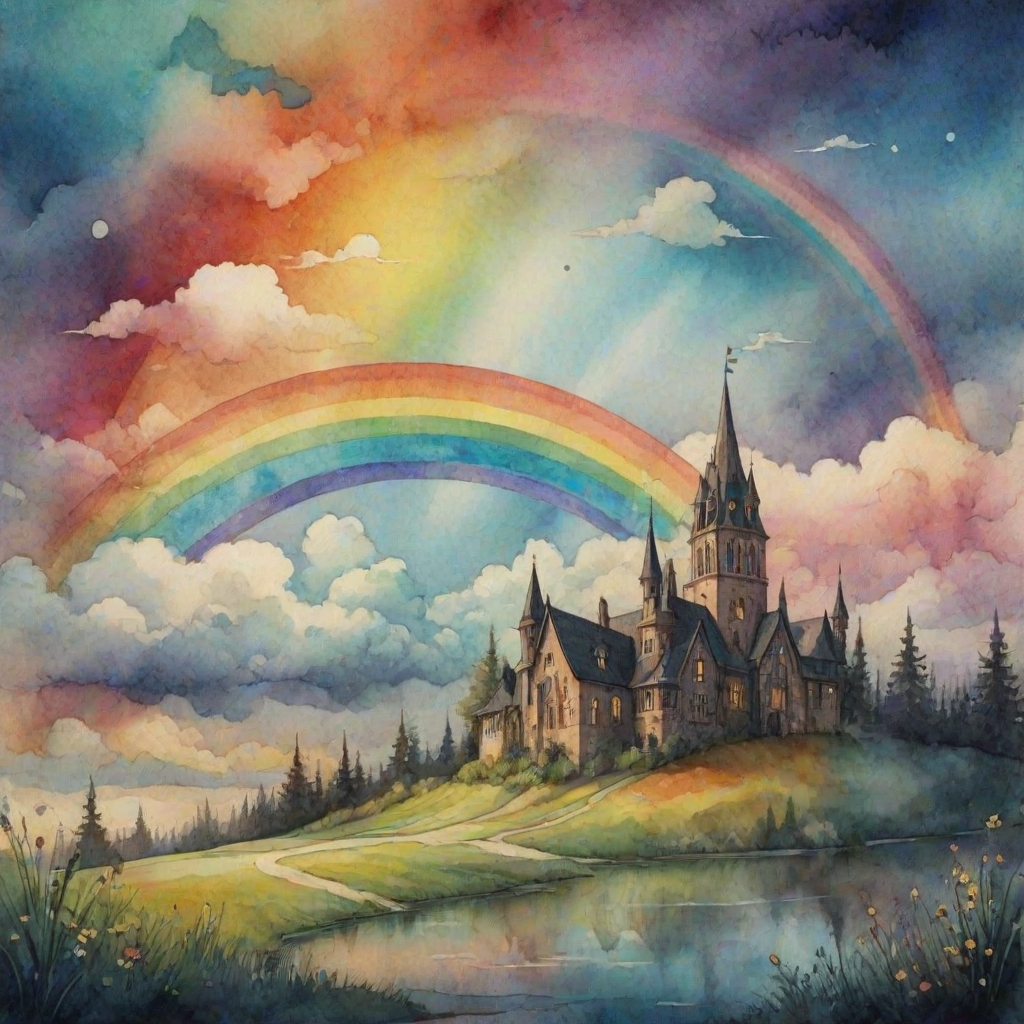 A whimsical and surreal sky with a vibrant rainbow, featuring dramatic lighting effects and a textured watercolor background, with a touch of gothic aesthetic.