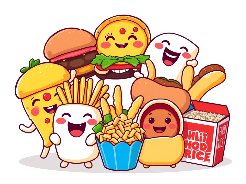 Create a colorful, high-resolution digital illustration of cute cartoon food characters including a smiling burger, a playful slice of pizza, happy tacos, cheerful French fries, joyful chicken wings, a friendly hot dog, adorable dumplings, and a delightful box of fried rice, with a soft-focus background, using digital art software, emulate a cartoon style, and ensure vibrant colors and crisp lines for each character.