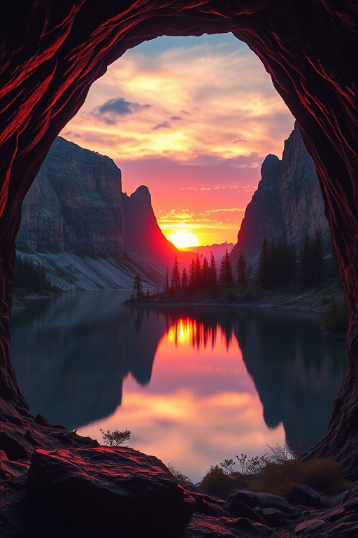 Create a vibrant digital landscape of a cave opening revealing a stunning sunset over a reflective lake with dramatic cliffs and trees silhouetted against the sky, captured with a Canon EOS R5, 24mm lens, f/8 aperture, ISO 100, using a wide-angle view to enhance depth and detail in the scene.