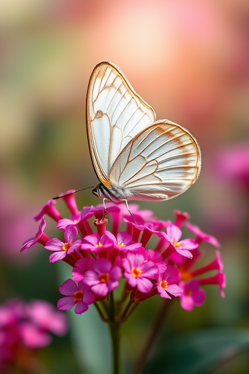 Create an image of a butterfly perched on vibrant pink flowers. The butterfly should have intricate patterns on its wings, displaying shades of white and light brown. The background should be softly blurred to highlight the butterfly and flowers, creating a serene and colorful atmosphere.