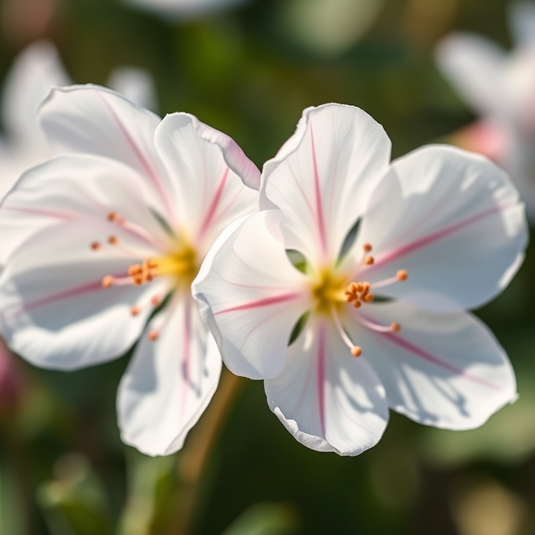 Create a high-resolution digital illustration of two delicate white flowers with soft pink accents, captured in a close-up view using a DSLR camera with a 50mm lens, aperture set at f/2.8, ISO 100, and soft natural lighting for enhanced detail and color vibrancy.