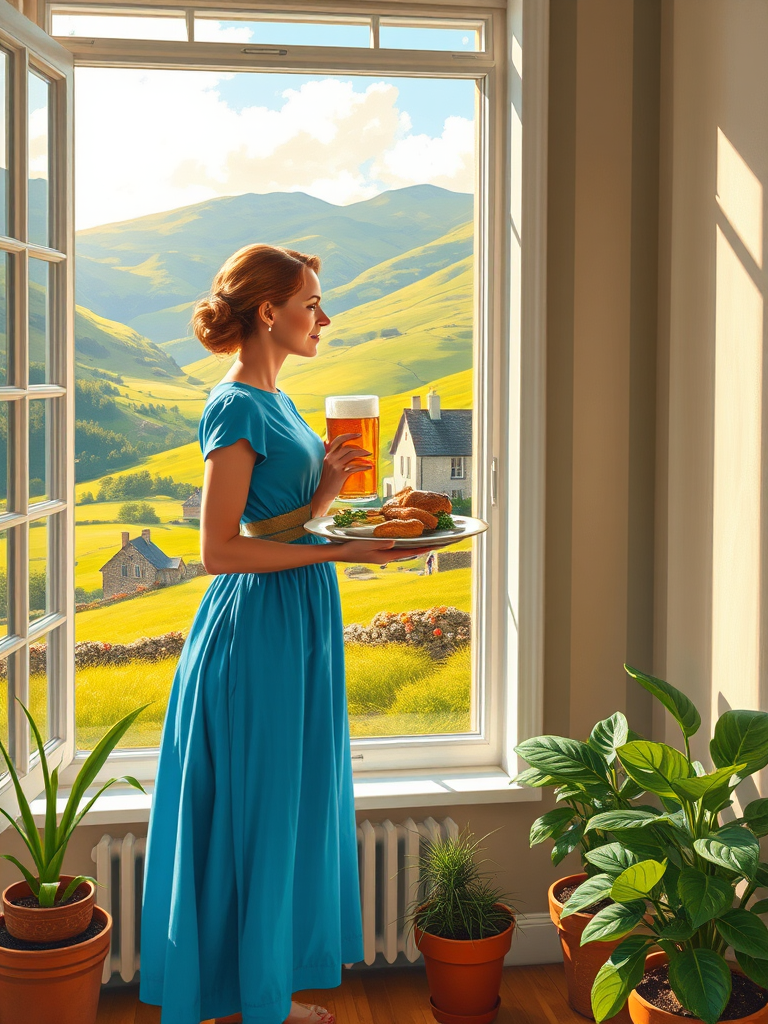 In "A Glass of Beer on the Highland," a serene scene is depicted in a sunlit room where a woman in a vibrant blue dress stands by a large window. She holds a tray with a hearty meal and a frothy glass of beer, embodying a moment of relaxation. Outside, the breathtaking highland landscape features rolling green hills and a charming traditional house, all bathed in warm afternoon light. The interior is adorned with potted plants, creating a harmonious blend of comfort and nature. The painting beautifully captures the tranquility and joy found in simple pleasures amidst stunning scenery