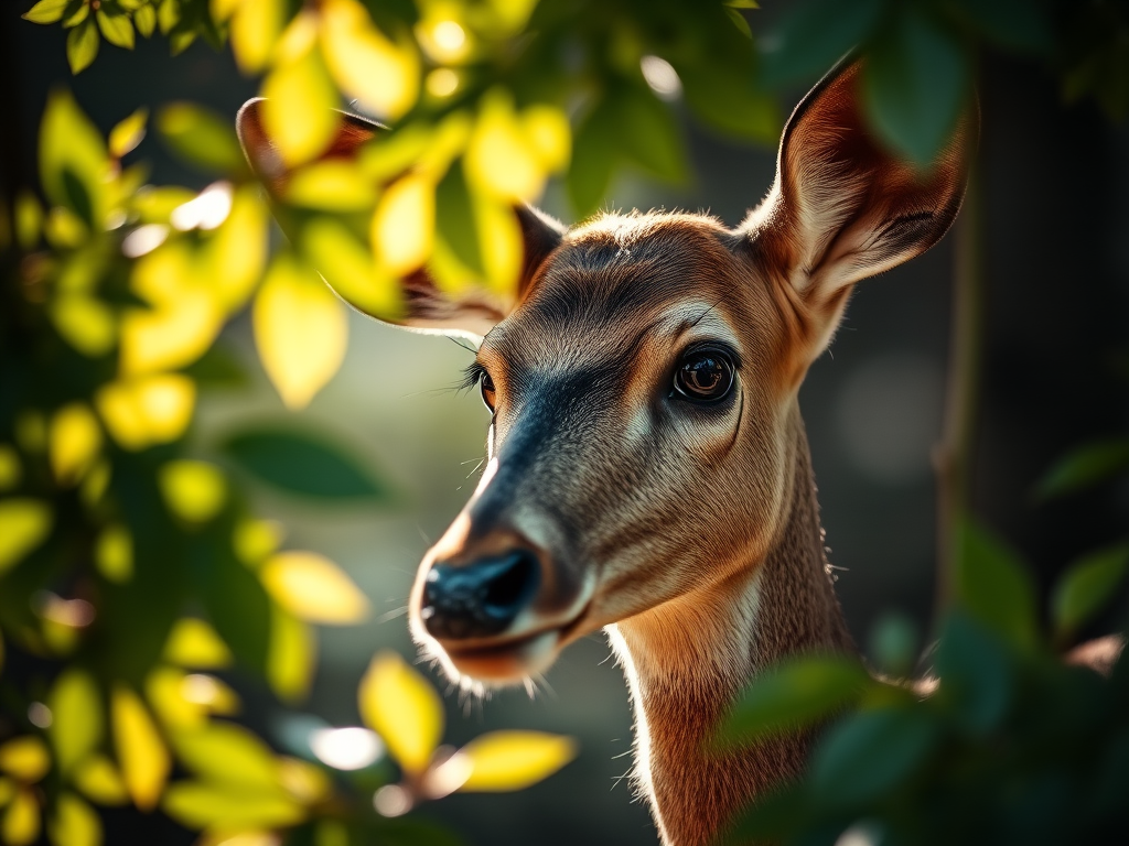 Capture a close-up of a deer partially hidden by foliage, with soft dappled sunlight filtering through leaves, using a DSLR camera with a 50mm lens at f/2.8, ISO 200, and a shallow depth of field to create a blurred background.