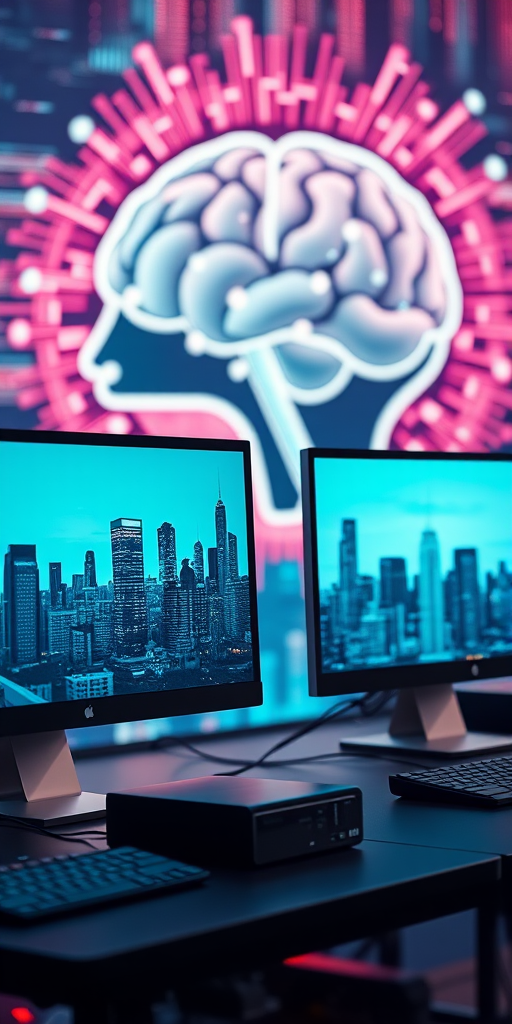 Create a futuristic digital workspace featuring two modern computers with city skyline reflections on their screens, a stylized brain made of code in the background, shot with a DSLR camera at f/1.8, ISO 100, 50mm lens, with a shallow depth of field and a balanced exposure to enhance clarity and detail.