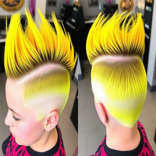 Fierce neon yellow mohawk fade dubbed Electric Shock boasting a vibrant shock of color gradually transitioning into closely buzzed platinum sides creating a bold and energetic statement