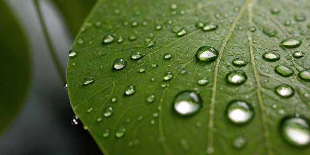 Sharp, detailed close-up of a raindrop clinging to a vibrant green leaf, soft sunlight reflecting off the water, with tiny veins of the leaf visible in intricate detail.