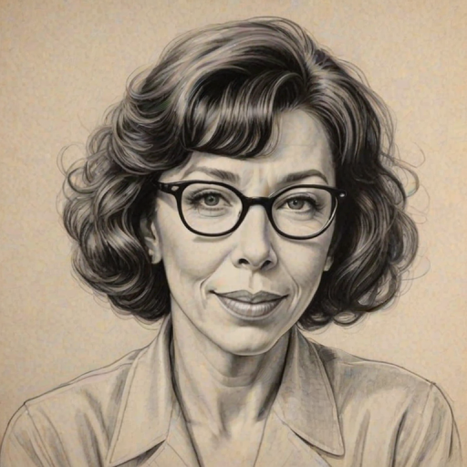 Dazzling Lily Tomlin, pencil sketch, portrait of Enticing woman 1953s in glasses, hair style beatnik, outline, clear lines, fine lines, 8k