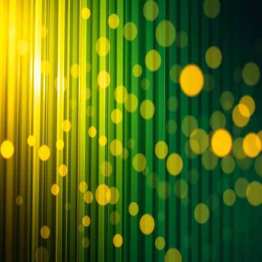 Generate a high-resolution abstract background with vertical glowing lines and floating bokeh circles in green and gold hues, captured with a DSLR camera at f/2.8 aperture, ISO 100, 1/60 sec shutter speed, taken from a close-up view with a macro lens for enhanced detail.