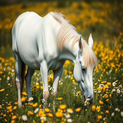 white horse grazing in a field of yellow and white flowers, shallow depth of field, 50mm lens, f/2.8 aperture, ISO 100, natural lighting, captured with a DSLR camera