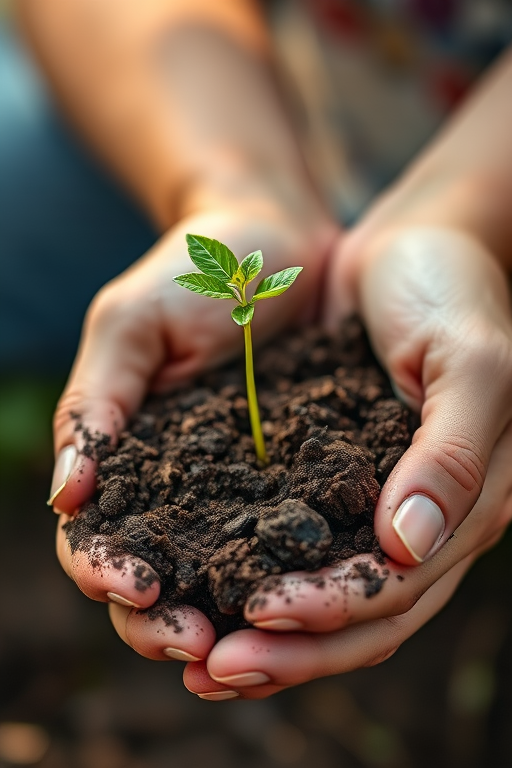 Capture a close-up image of a person's hands holding soil with a young plant sprouting from it, use a shallow depth of field at f/2.8, ISO 100, 50mm lens, natural light with a soft bokeh background, taken with a DSLR camera.