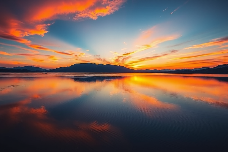 Create a vibrant sunset over a tranquil lake with reflections in the water, use a Canon EOS R5, 50mm lens, f/1.8 aperture, ISO 100, 1/200 sec shutter speed, shot in landscape orientation for maximum detail and color saturation.