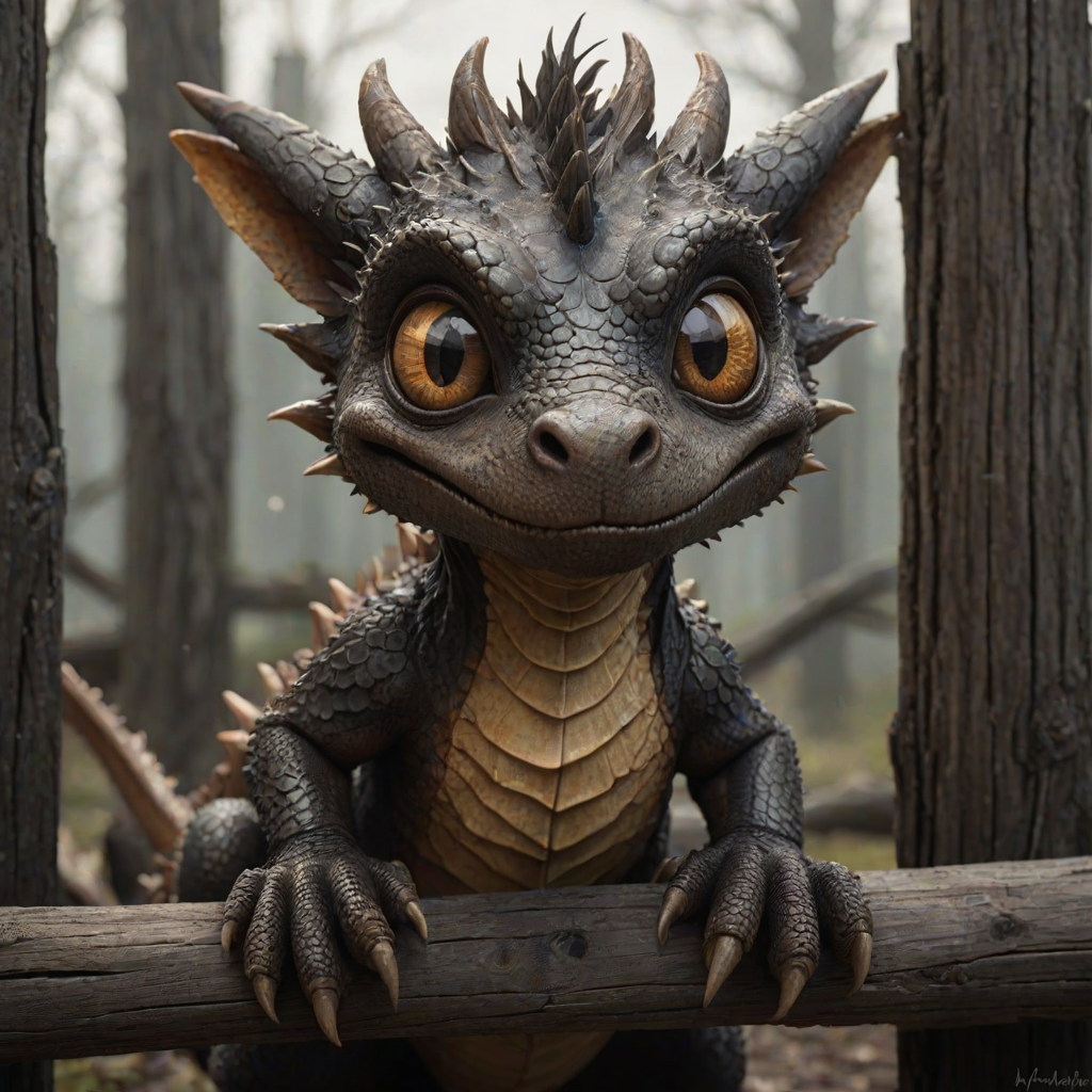 A small, scruffy cartoon-like dragon peers over a wooden fence with wide, expressive amber eyes, giving it an endearing look. The dark, muted background with streaks of faded color adds to the atmosphere of vulnerability and longing. The dragon's oversized eyes, full of emotion, draw the viewer in, evoking a sense of empathy and tenderness. Flecks of light and small bits of debris gently float through the scene, creating a soft, melancholic mood as the dragon waits patiently for comfort.