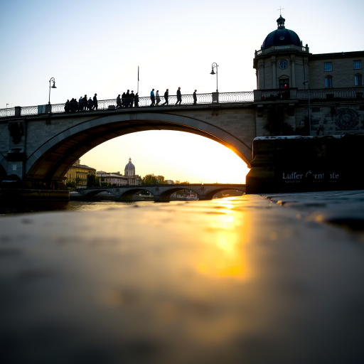 Regenerate a scenic view of a historical bridge with people walking, captured during golden hour, using a DSLR camera, 24mm lens, f/8 aperture, ISO 200, 1/125 shutter speed, from a low angle to emphasize the bridge and reflections in the water.